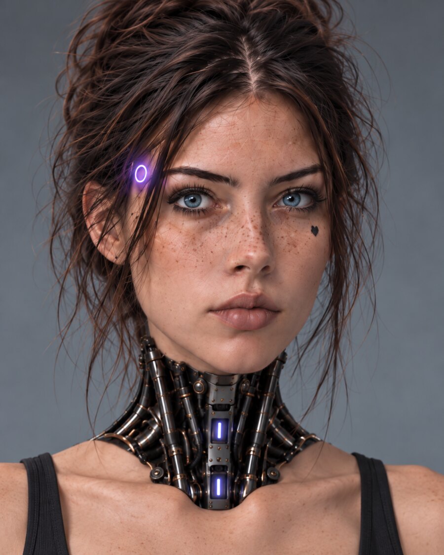 Mira, a fictional android character with a violet temple interface